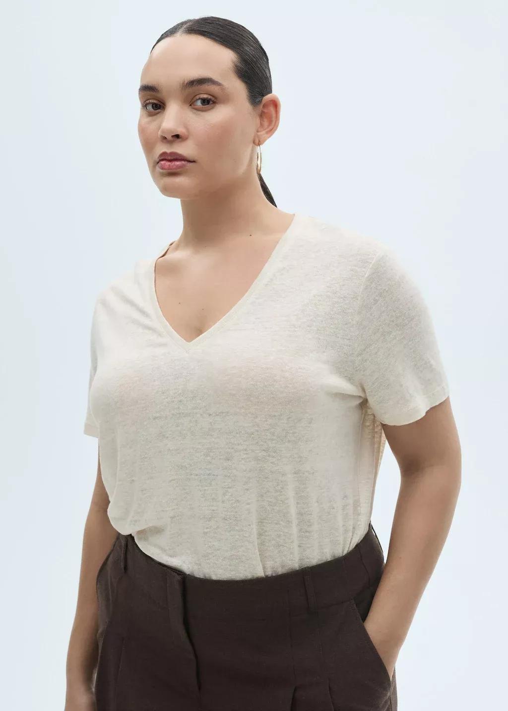 Beige V-Neck Linen T-Shirt, , large image number 5