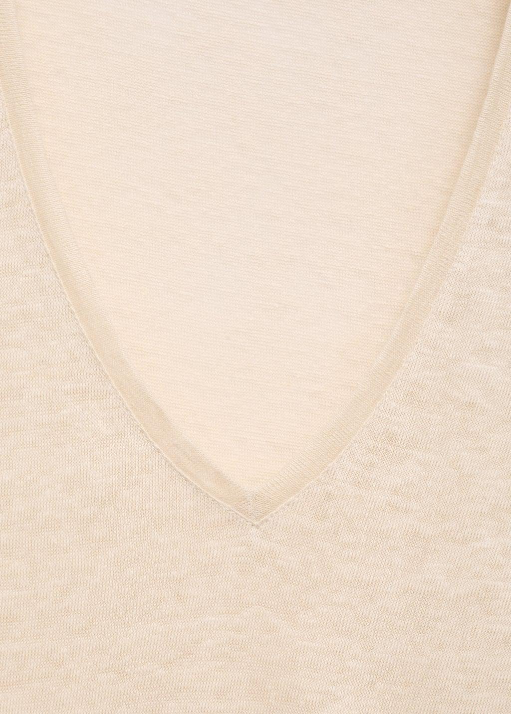 Beige V-Neck Linen T-Shirt, , large image number 6
