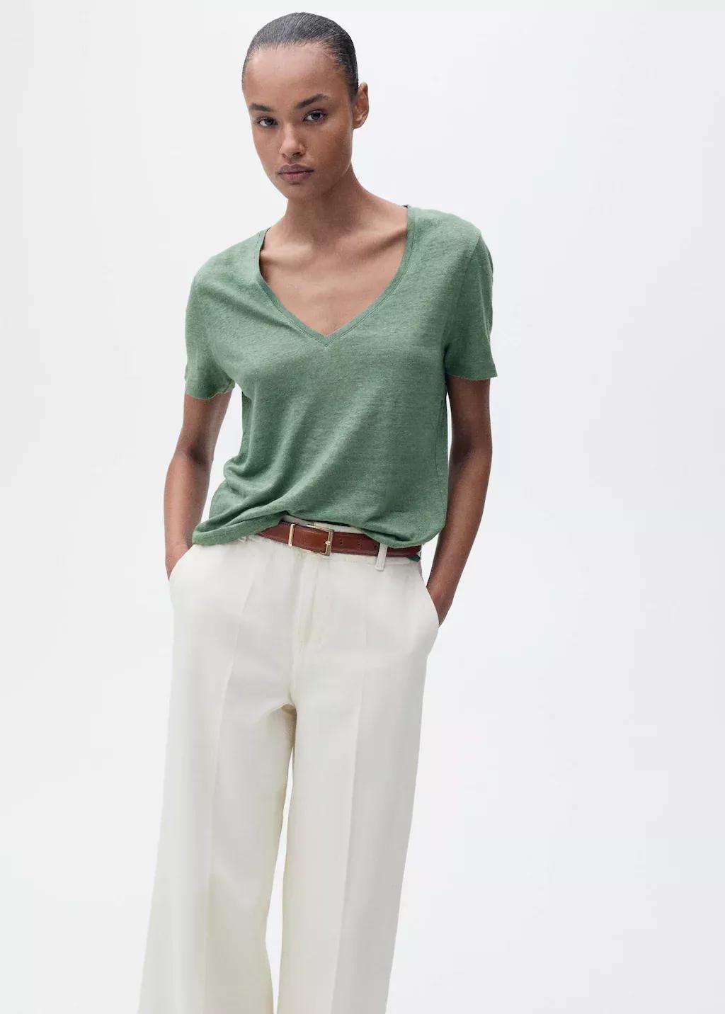 Green V-Neck Linen T-Shirt, , large image number 0