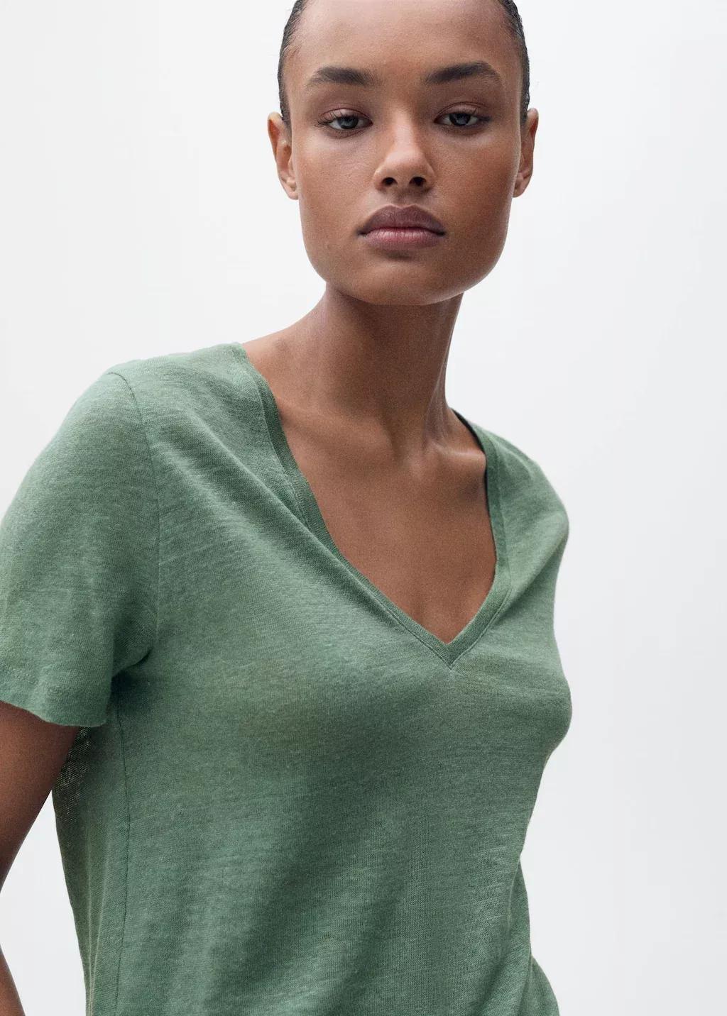 Green V-Neck Linen T-Shirt, , large image number 1