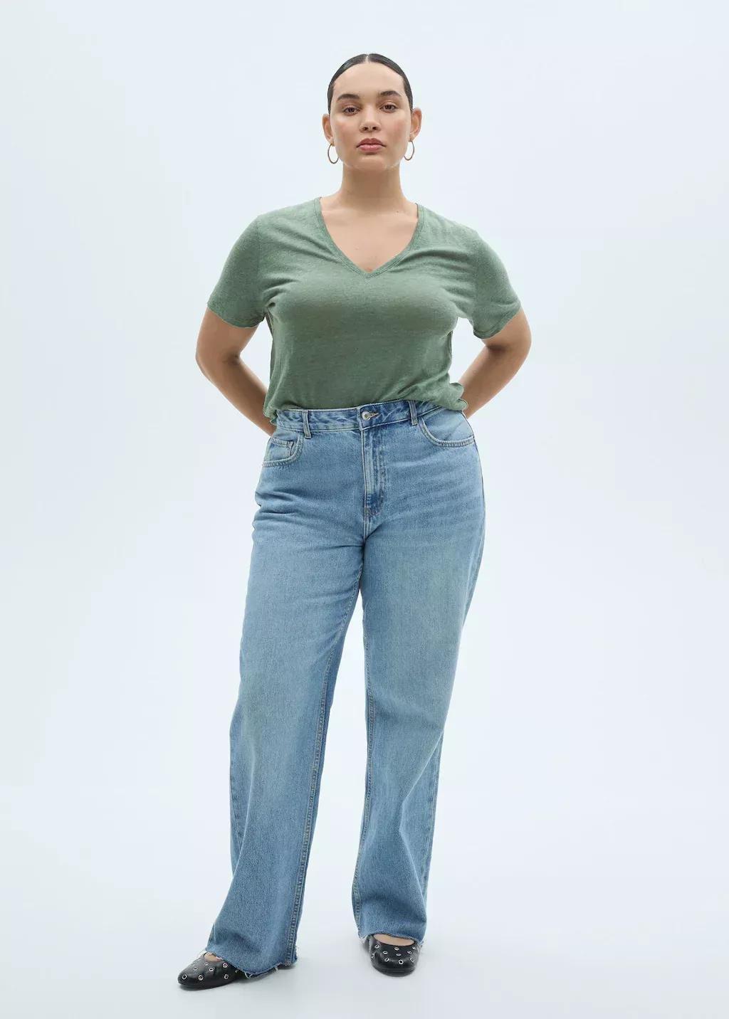 Green V-Neck Linen T-Shirt, , large image number 2