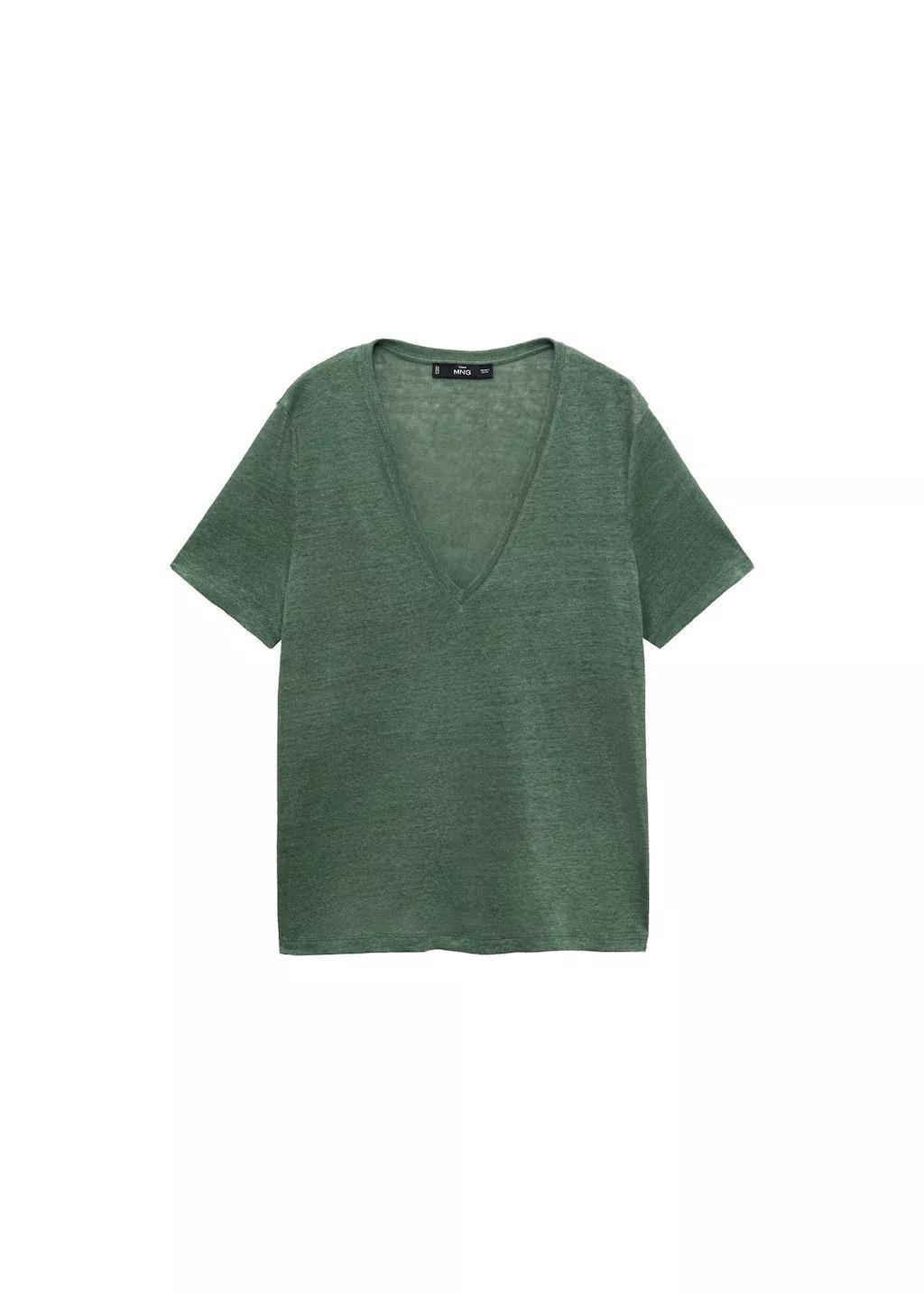 Green V-Neck Linen T-Shirt, , large image number 3