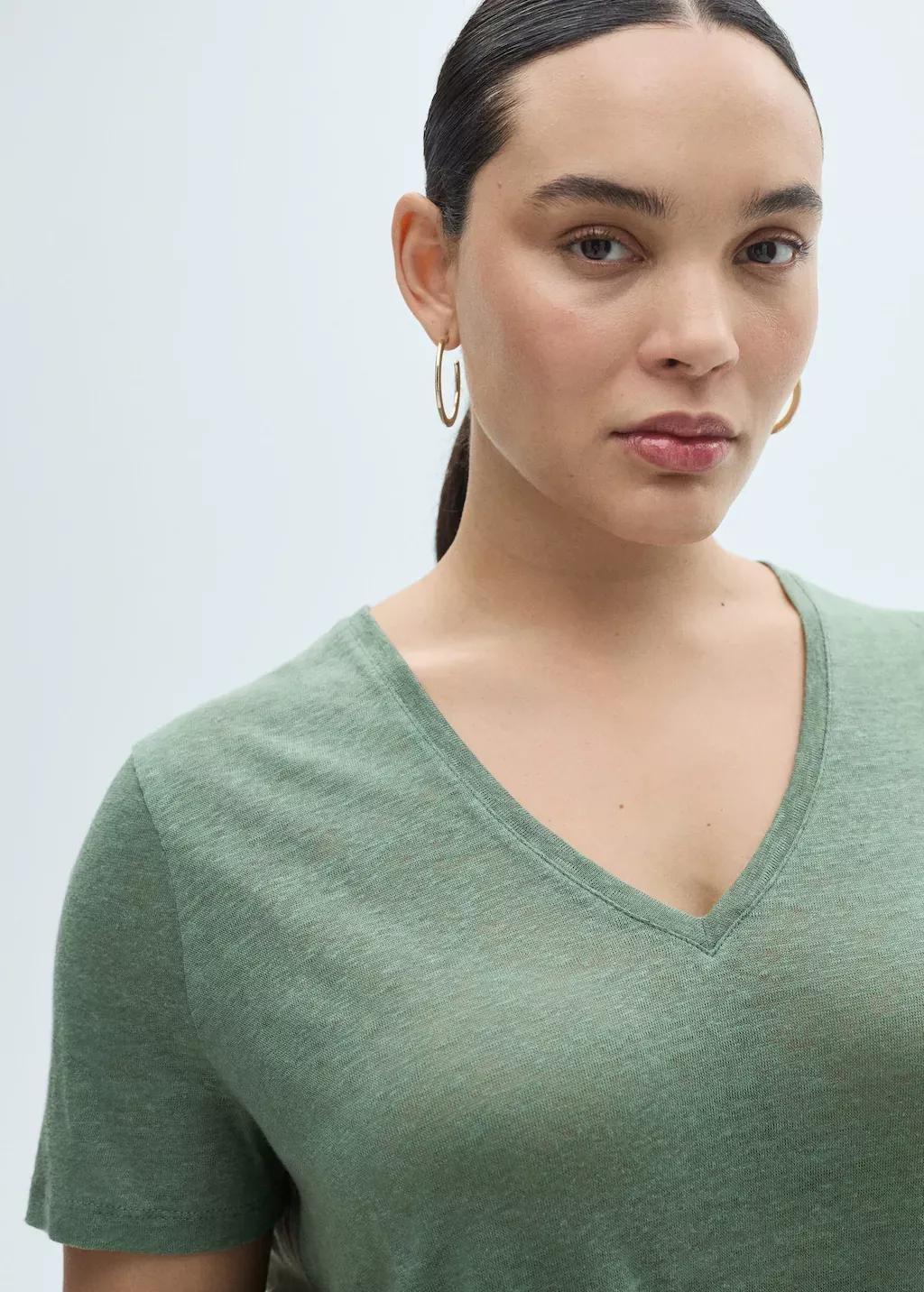 Green V-Neck Linen T-Shirt, , large image number 4