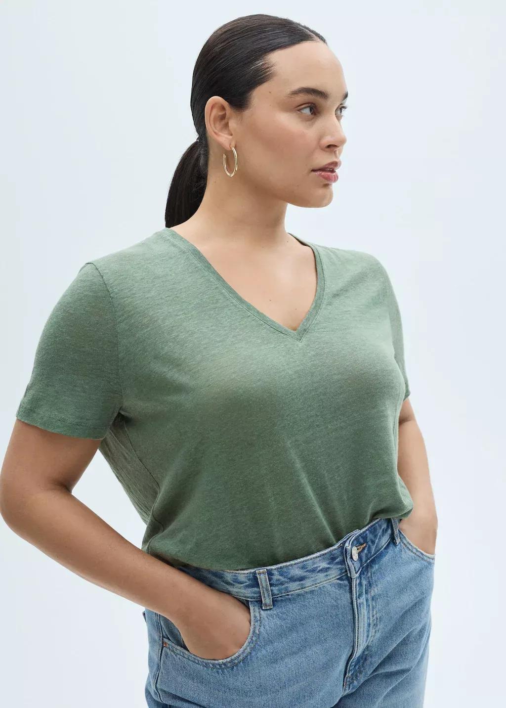 Green V-Neck Linen T-Shirt, , large image number 5