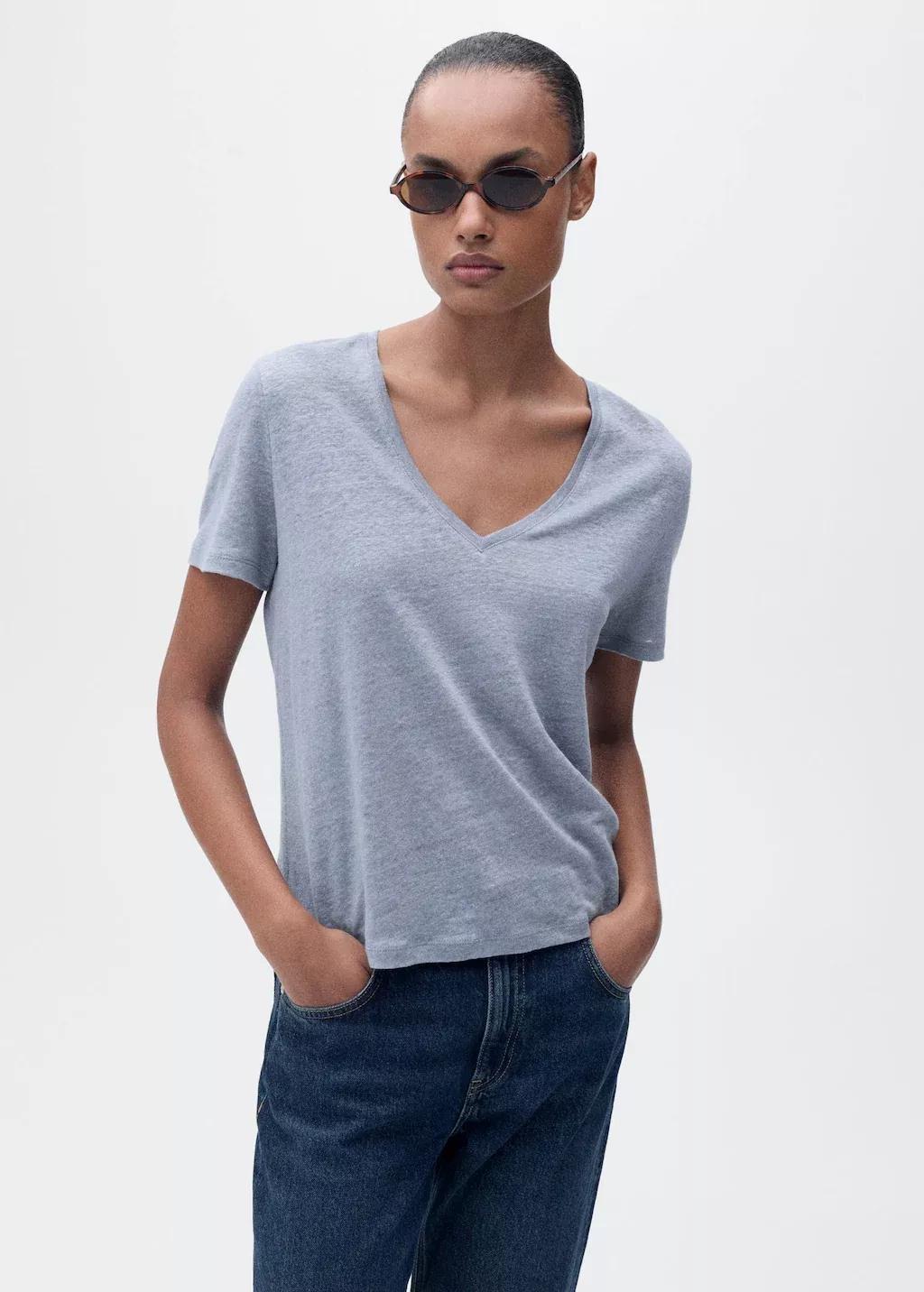 Blue Lt Pastel V-Neck Linen T-Shirt, , large image number 0