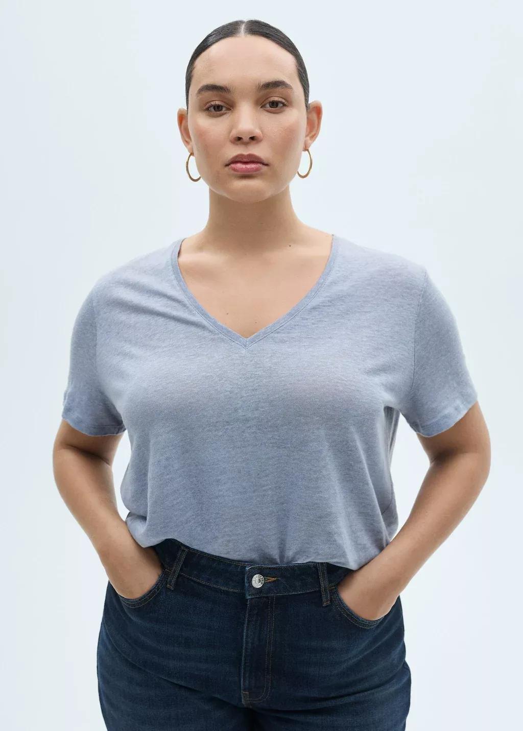 Blue Lt Pastel V-Neck Linen T-Shirt, , large image number 5