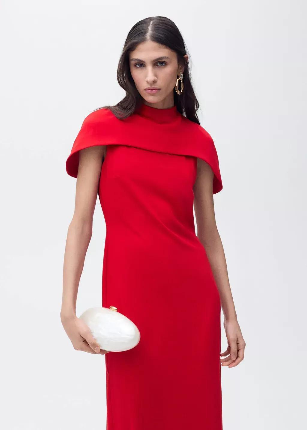 Red Straight Dress With Cape Collar, , large image number 0