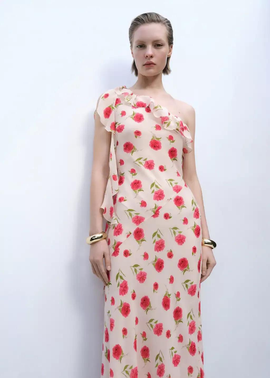 Beige Floral Ruffled Dress, , large image number 0