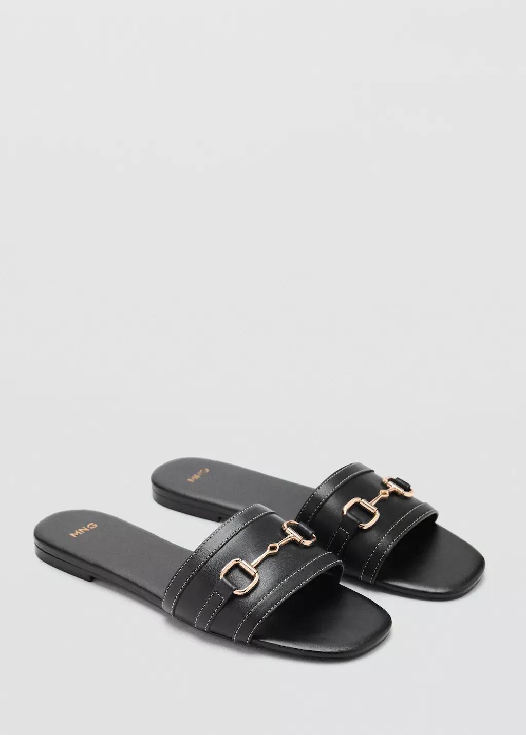 Black Buckle Leather Sandals, , large image number 0
