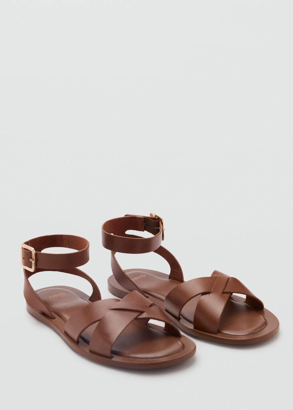 MEDIUM BROWN Leather sandals with buckle strap, , large image number 0