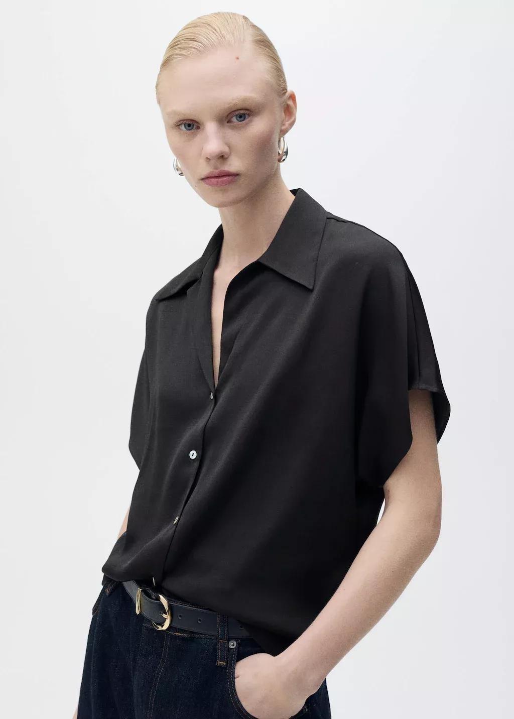 Black Short-Sleeved Satin Shirt, , large image number 0