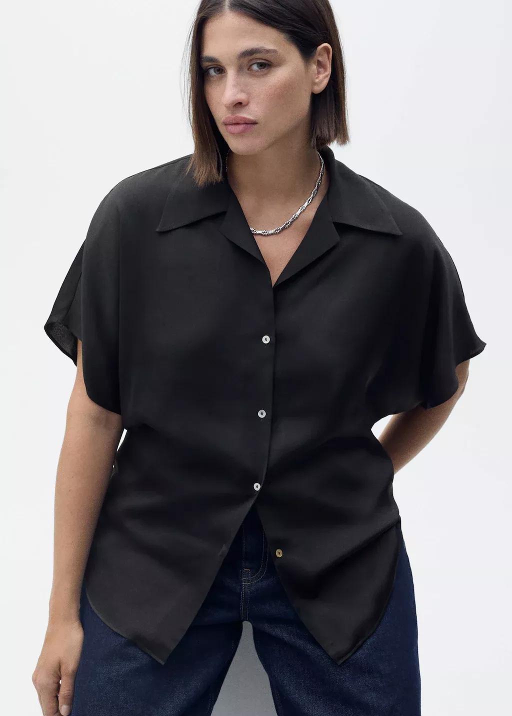 Black Short-Sleeved Satin Shirt, , large image number 5