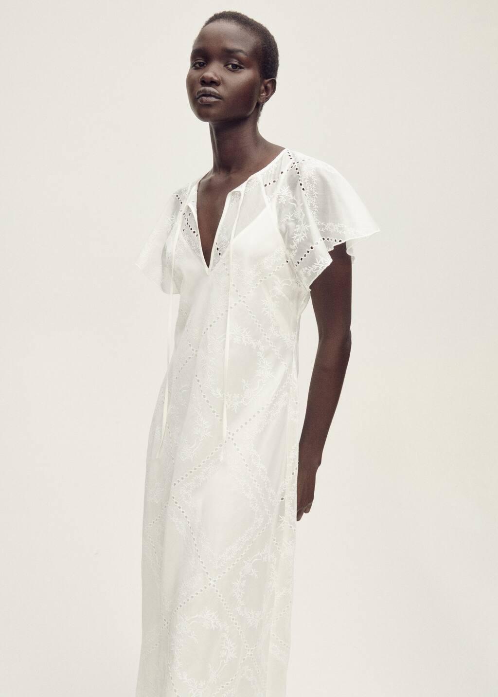 White Embroidered Dress With Openwork Details, , large image number 1