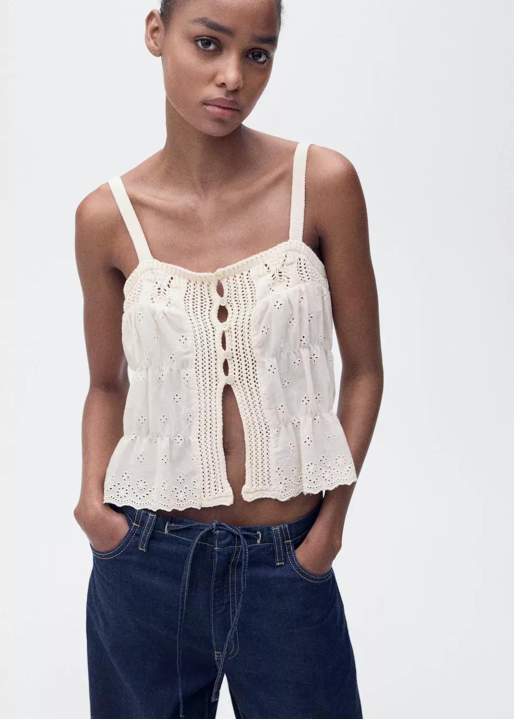 Beige Combined Top With Openwork Details, , large image number 0