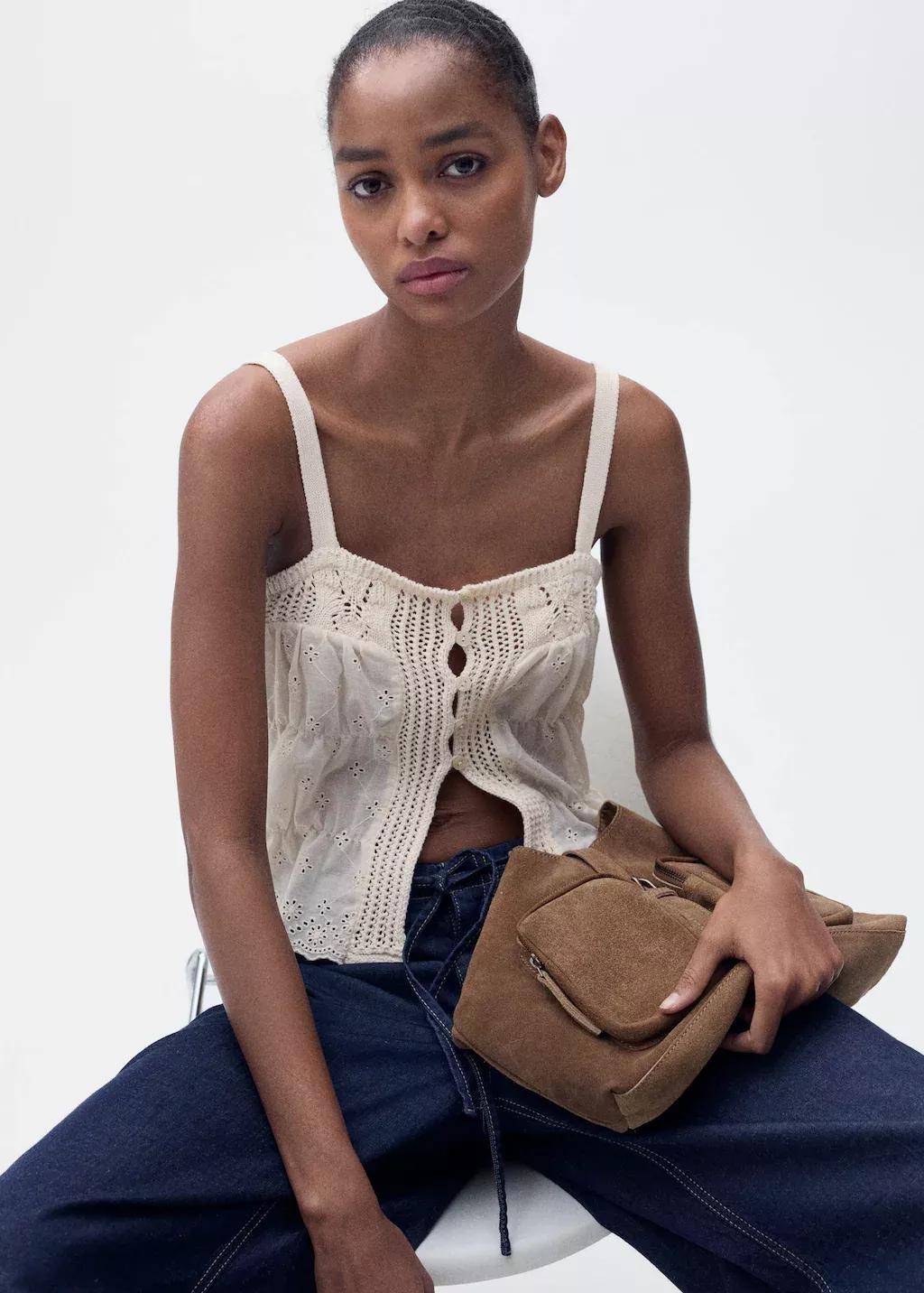 Beige Combined Top With Openwork Details, , large image number 2