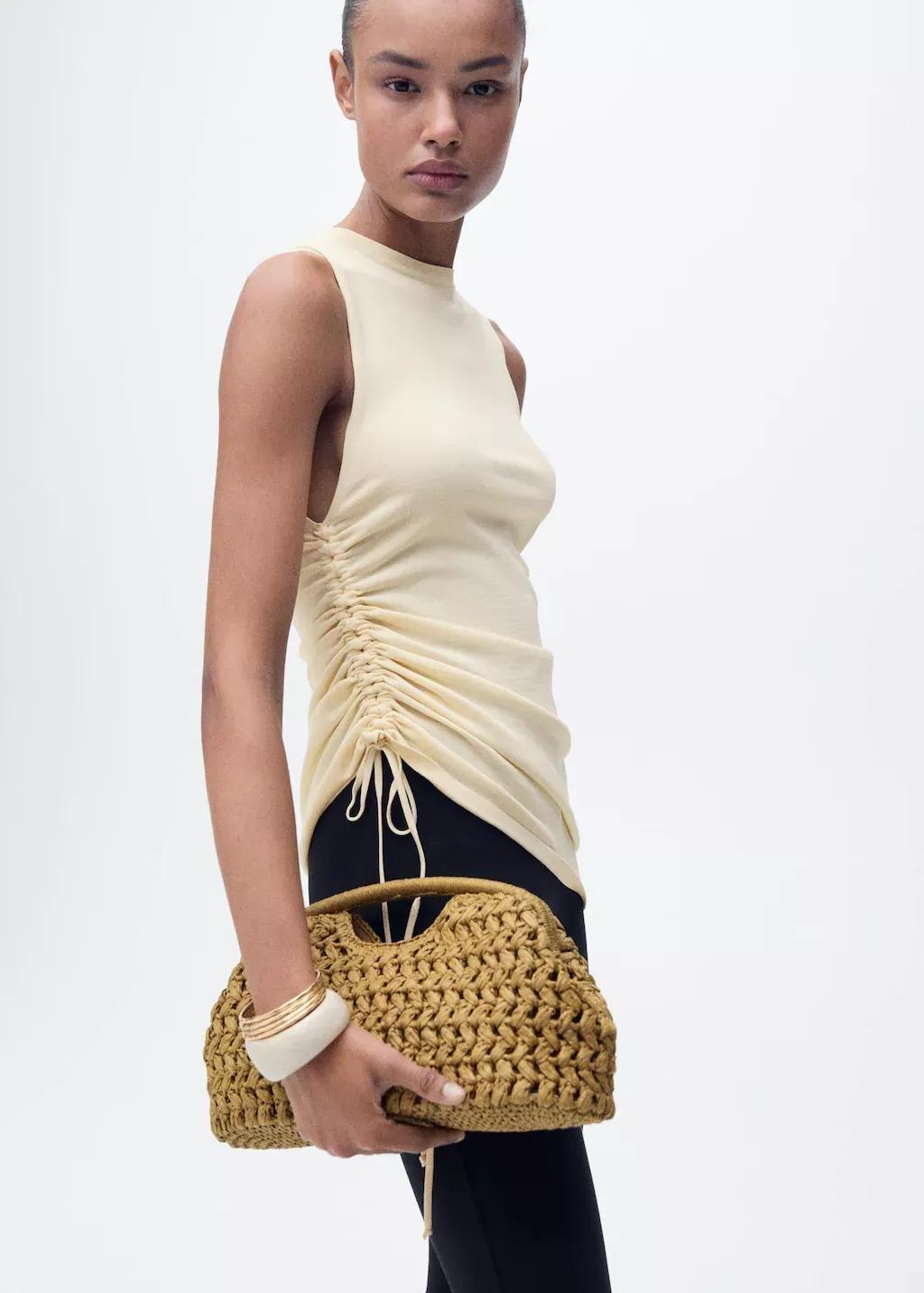 LIGHT BEIGE Side gathered knitted top, , large image number 0