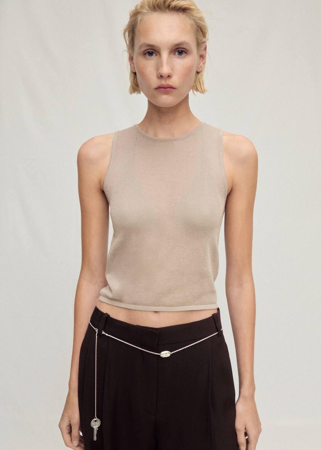 Beige Contrasting Knit Top, , large image number 0