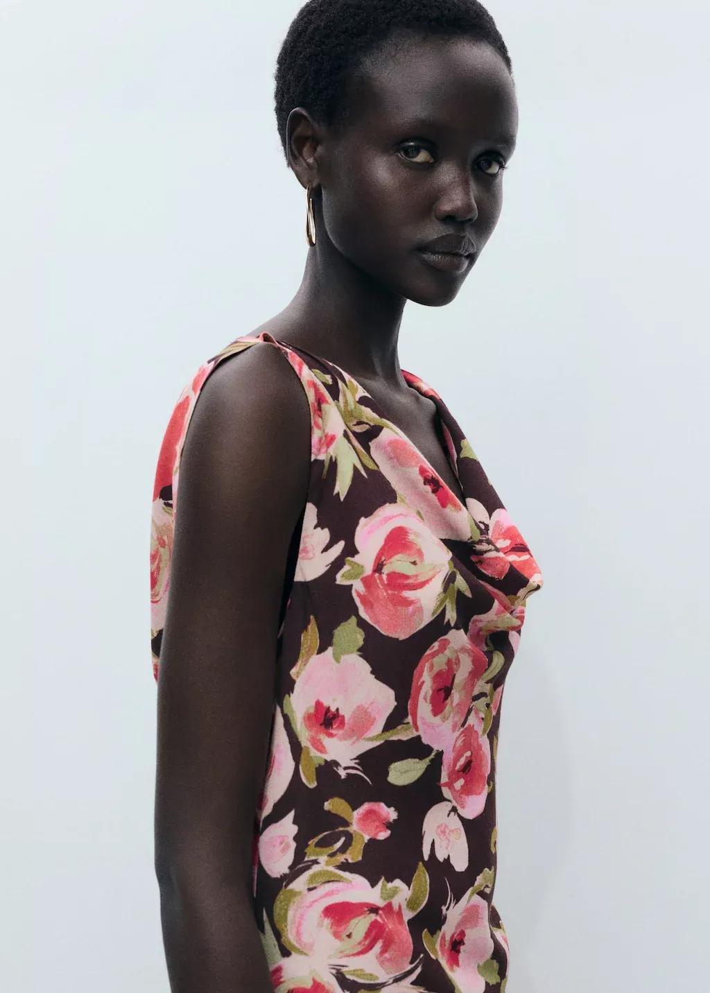 Brown Floral Dress With Draped Neck, , large image number 0