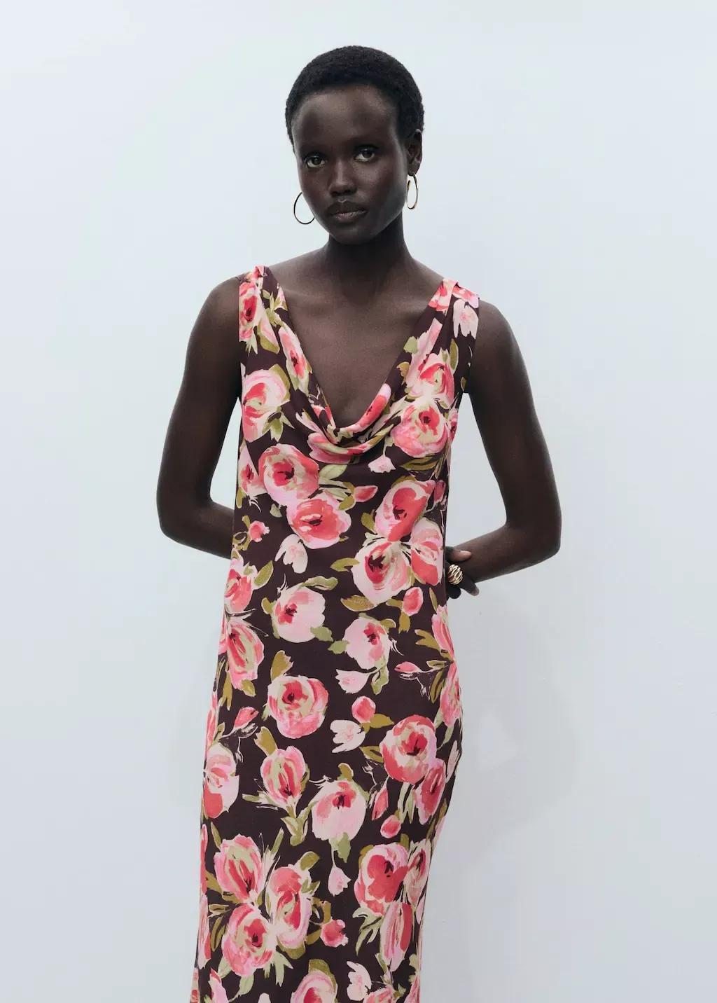 Brown Floral Dress With Draped Neck, , large image number 1