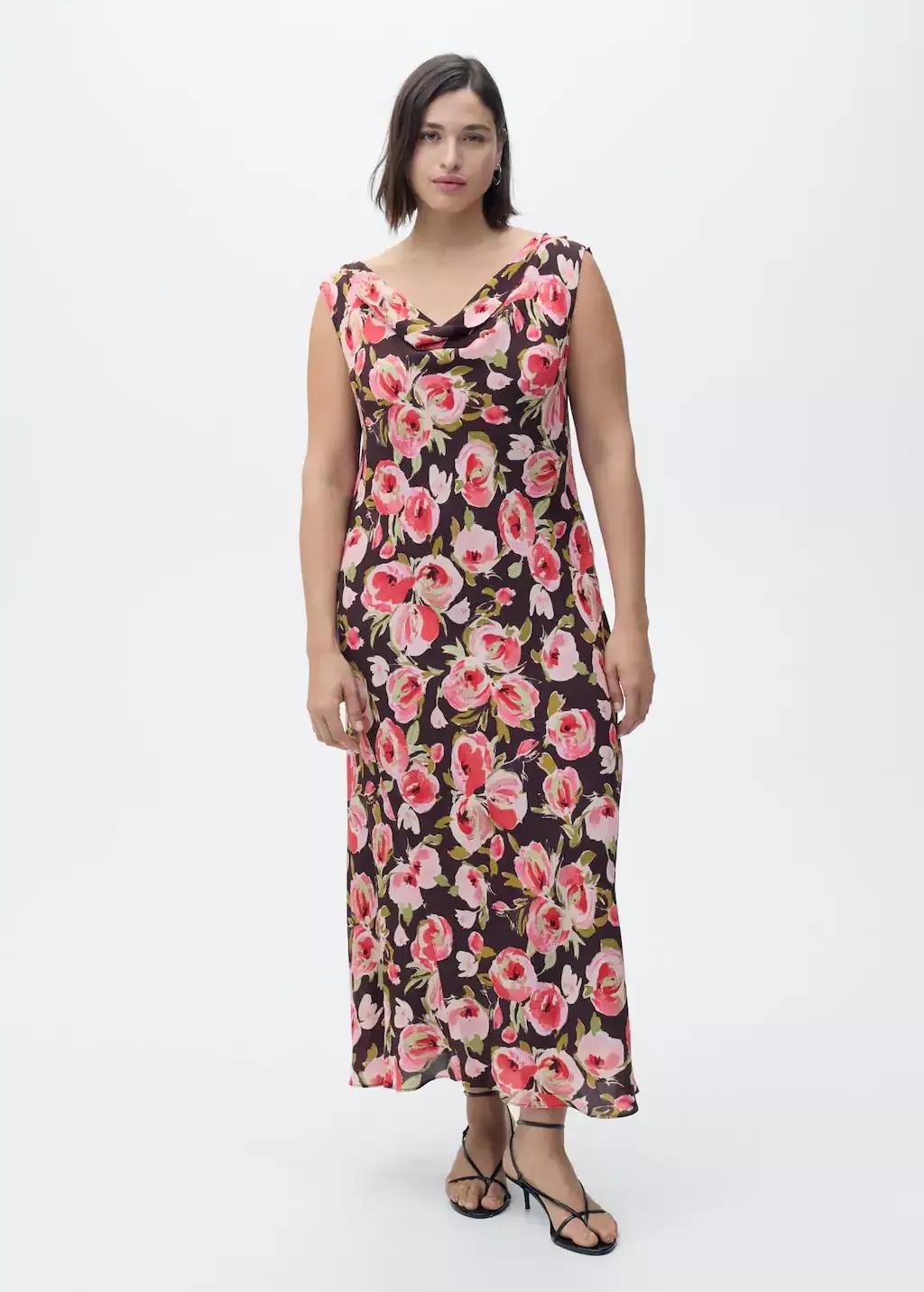 Brown Floral Dress With Draped Neck, , large image number 3