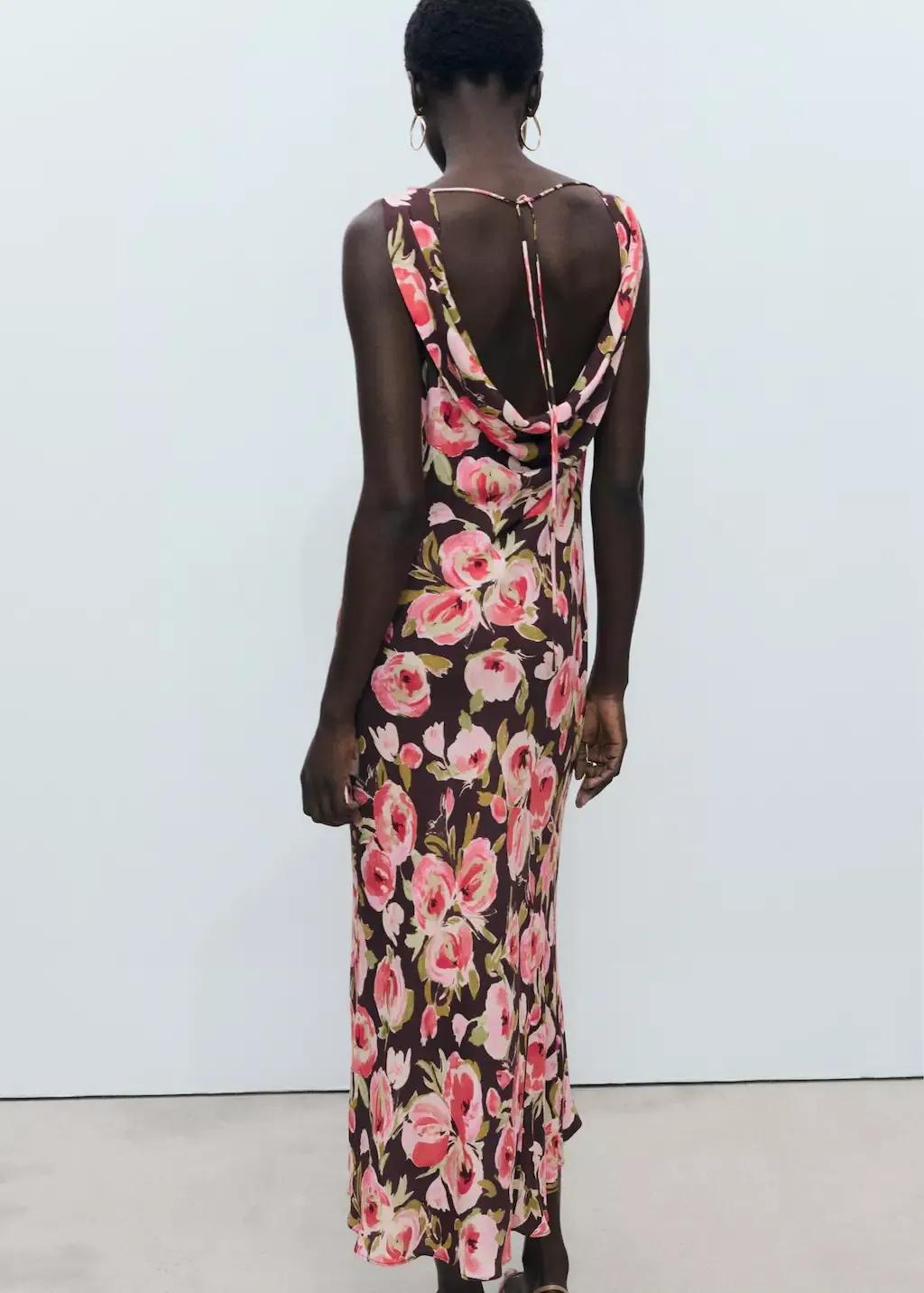 Brown Floral Dress With Draped Neck, , large image number 7