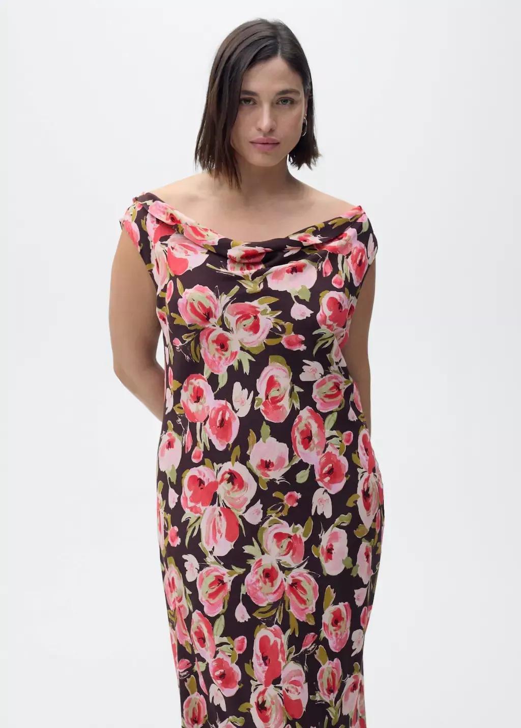 Brown Floral Dress With Draped Neck, , large image number 8