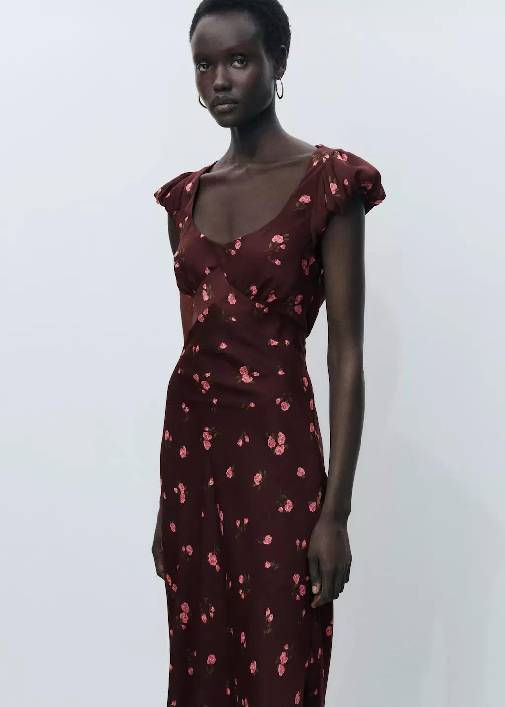 Brown Short-Sleeved Floral Midi-Dress, , large image number 0