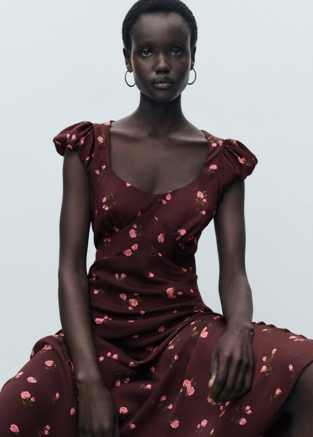 Brown Short-Sleeved Floral Midi-Dress, , large image number 1