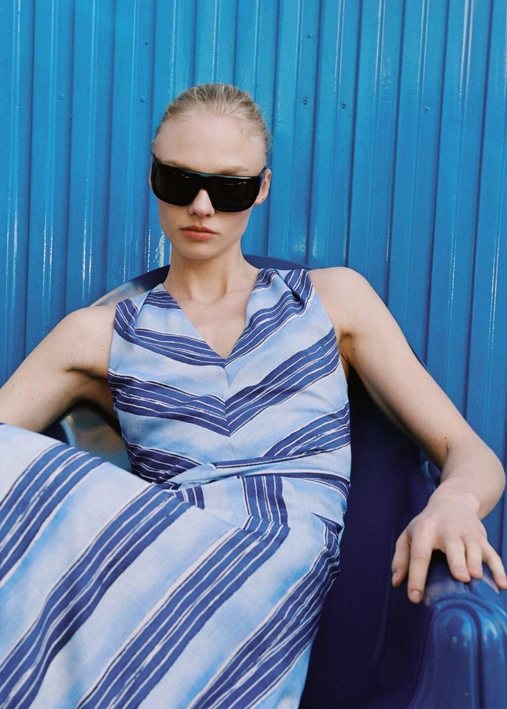 Blue Striped Flared Dress, , large image number 2