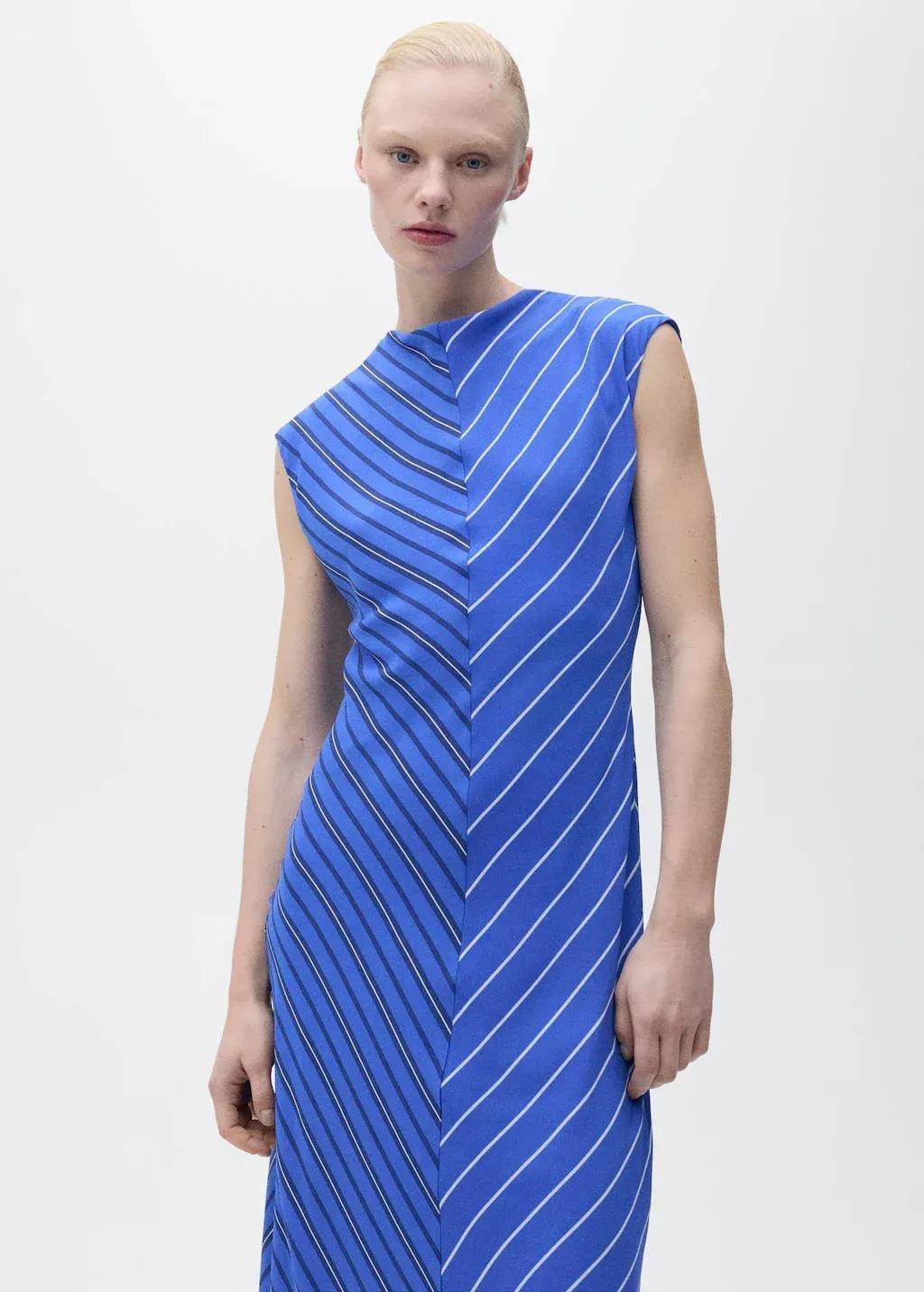 Blue Combined Striped Flared Dress, , large image number 0