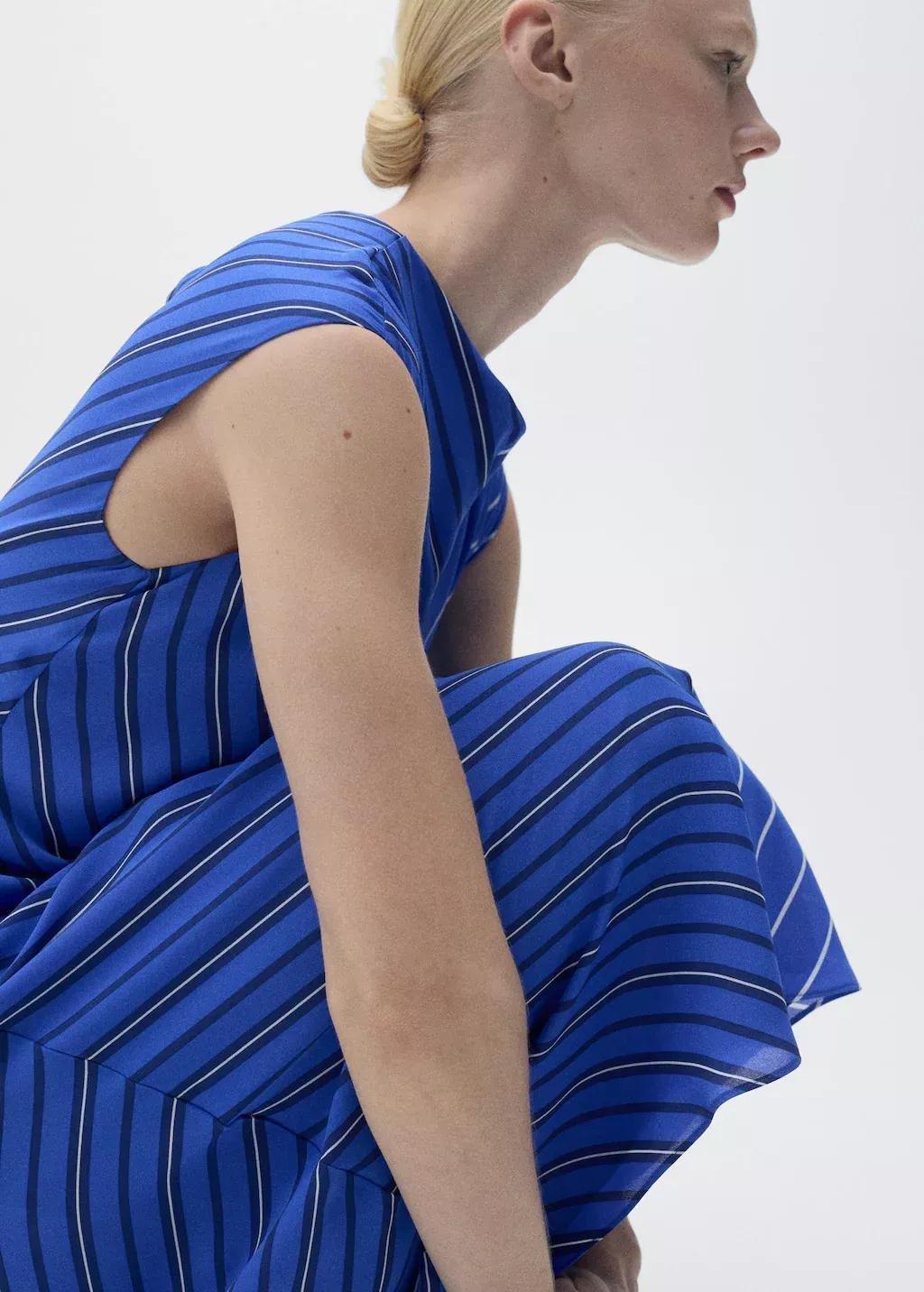 Blue Combined Striped Flared Dress, , large image number 2