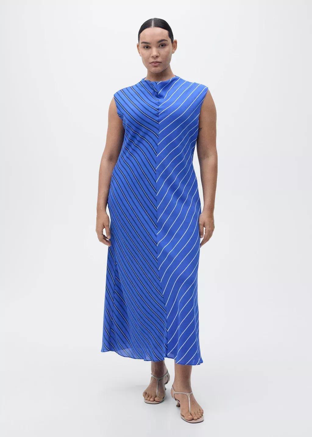 Blue Combined Striped Flared Dress, , large image number 4