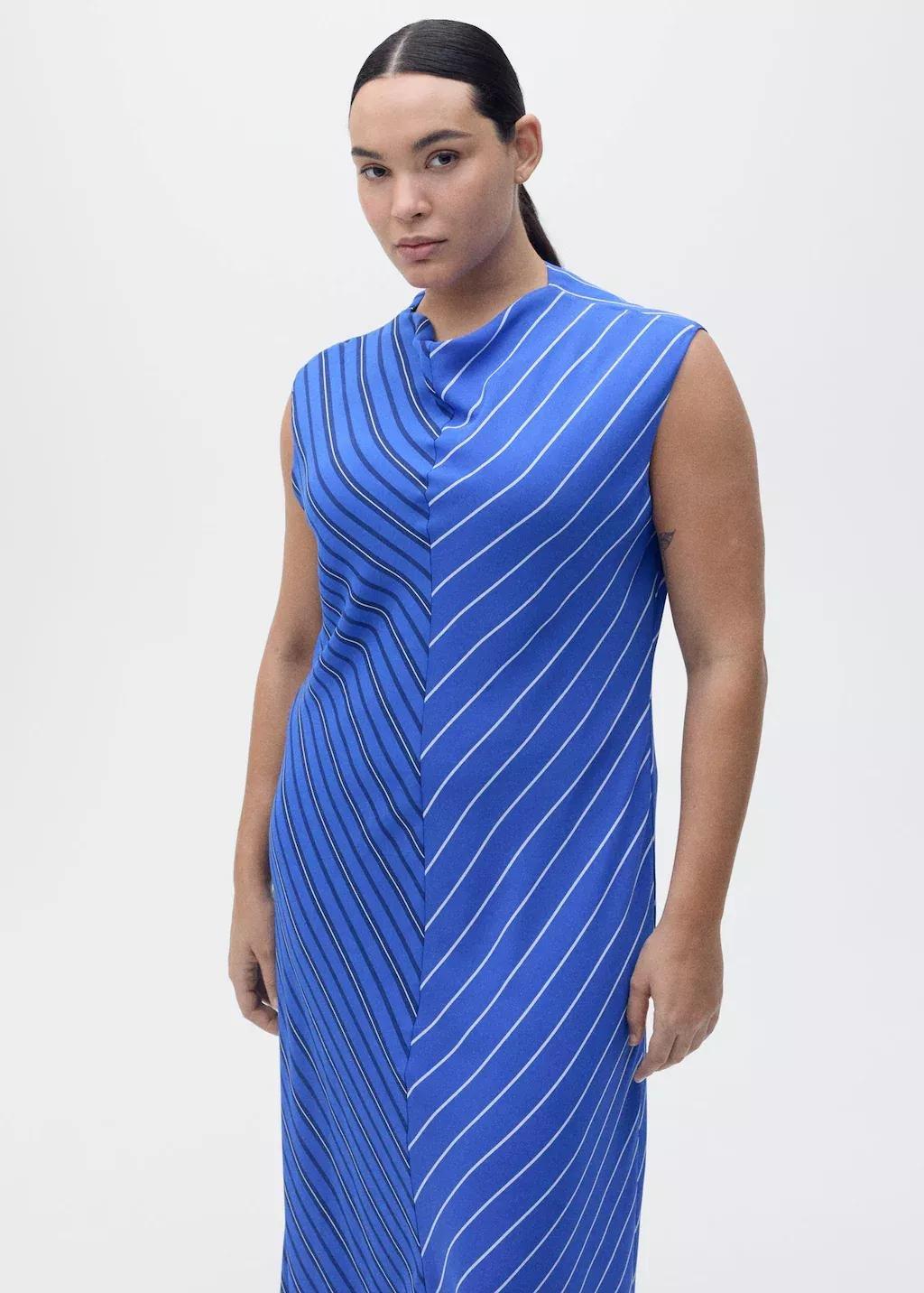Blue Combined Striped Flared Dress, , large image number 6