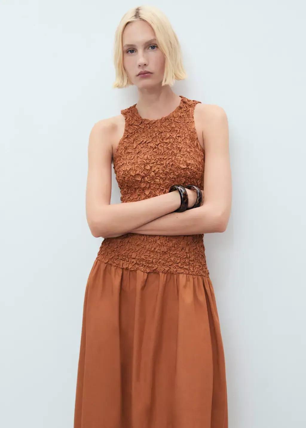 MEDIUM BROWN Combined open-back textured dress, , large image number 1
