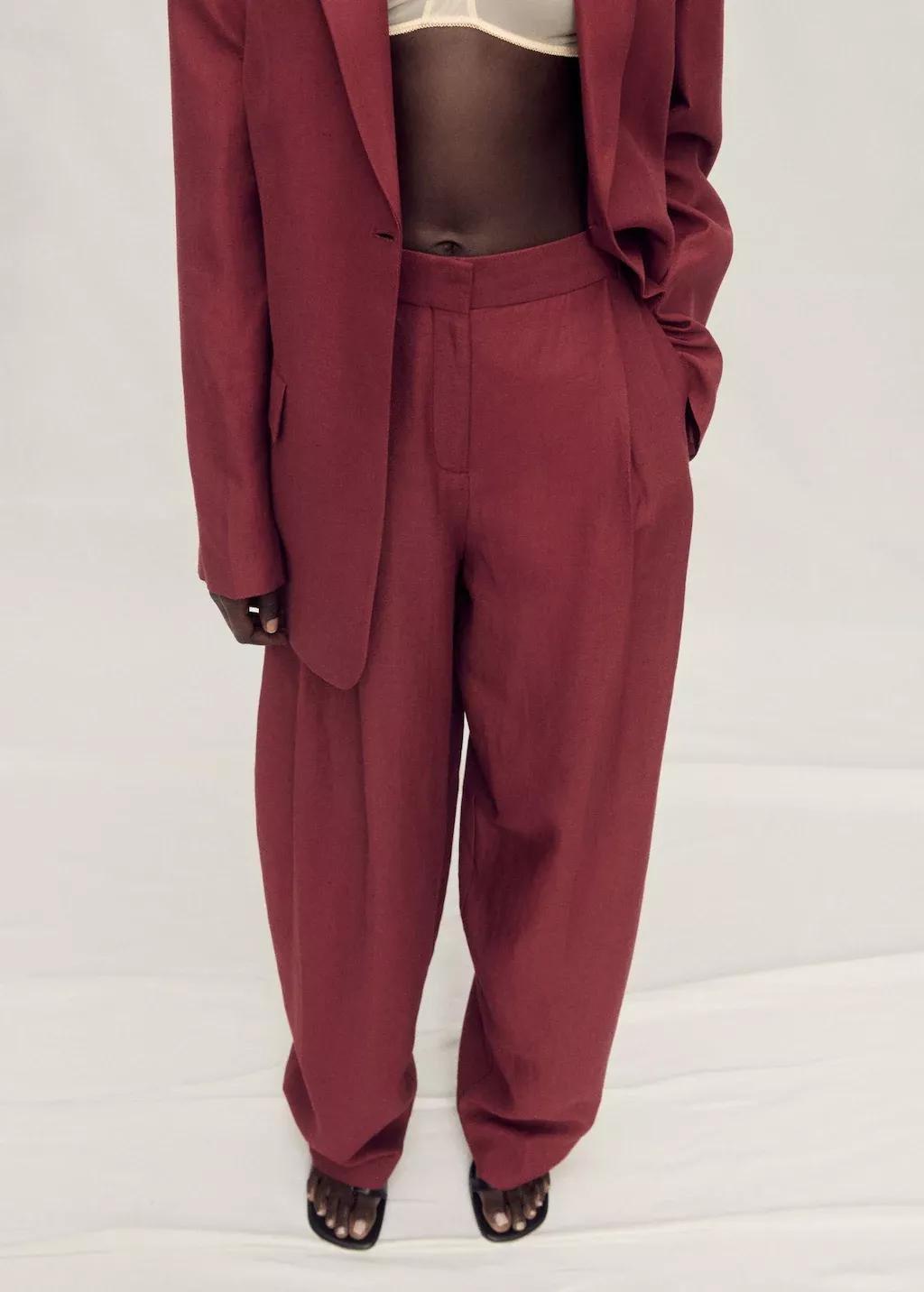 Red Wideleg Linen-Blend Suit Trousers, , large image number 0