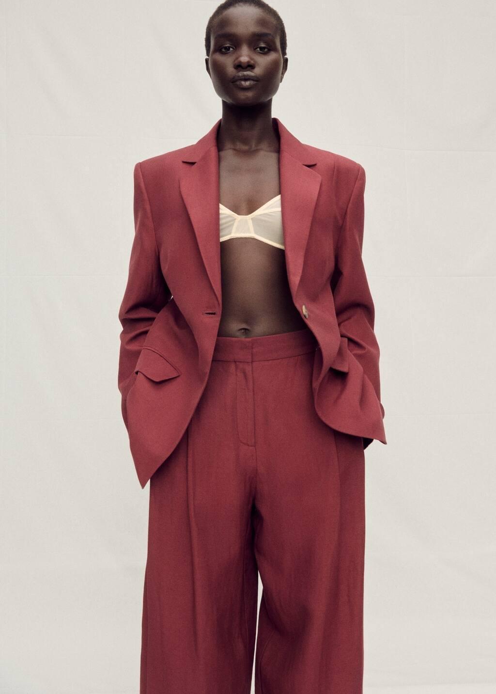 Red Wideleg Linen-Blend Suit Trousers, , large image number 1