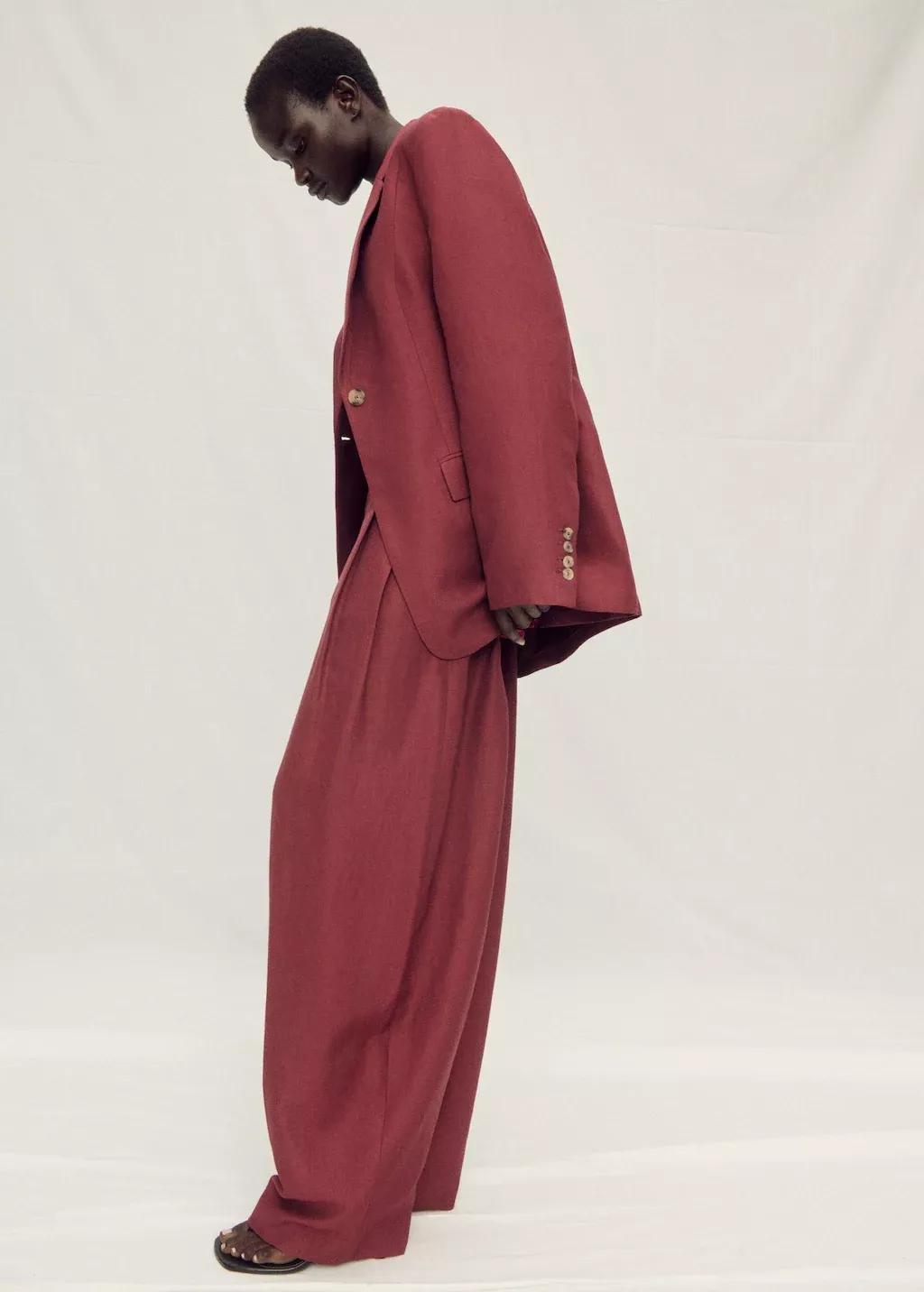 Red Wideleg Linen-Blend Suit Trousers, , large image number 2