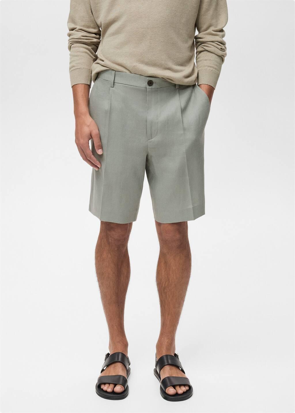 Turquoise 100% Linen Bermuda Shorts With Pleats, , large image number 0