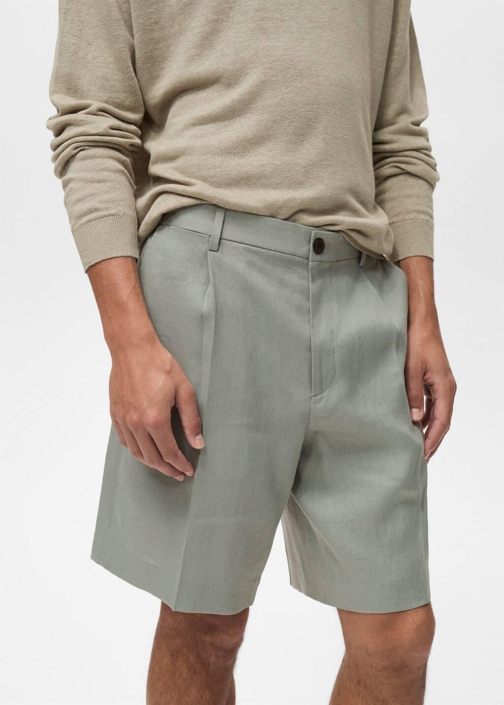 Turquoise 100% Linen Bermuda Shorts With Pleats, , large image number 1