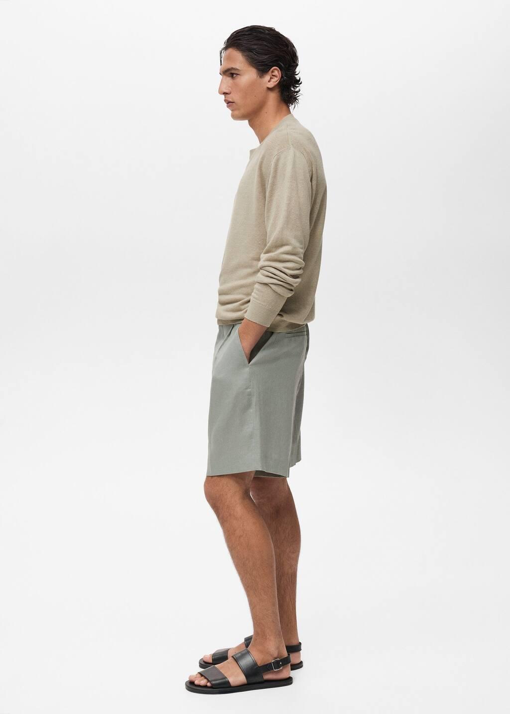 Turquoise 100% Linen Bermuda Shorts With Pleats, , large image number 2