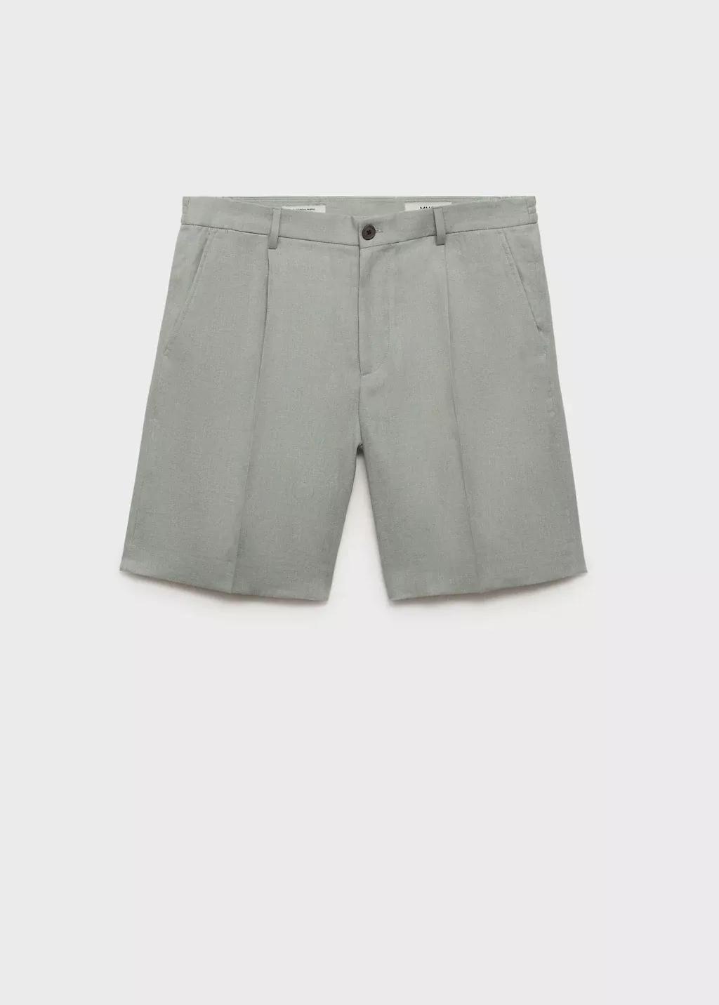 Turquoise 100% Linen Bermuda Shorts With Pleats, , large image number 3