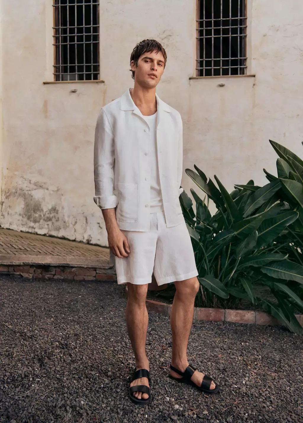 White Linen Lyocell Bermuda Shorts Slim Fit, , large image number 5