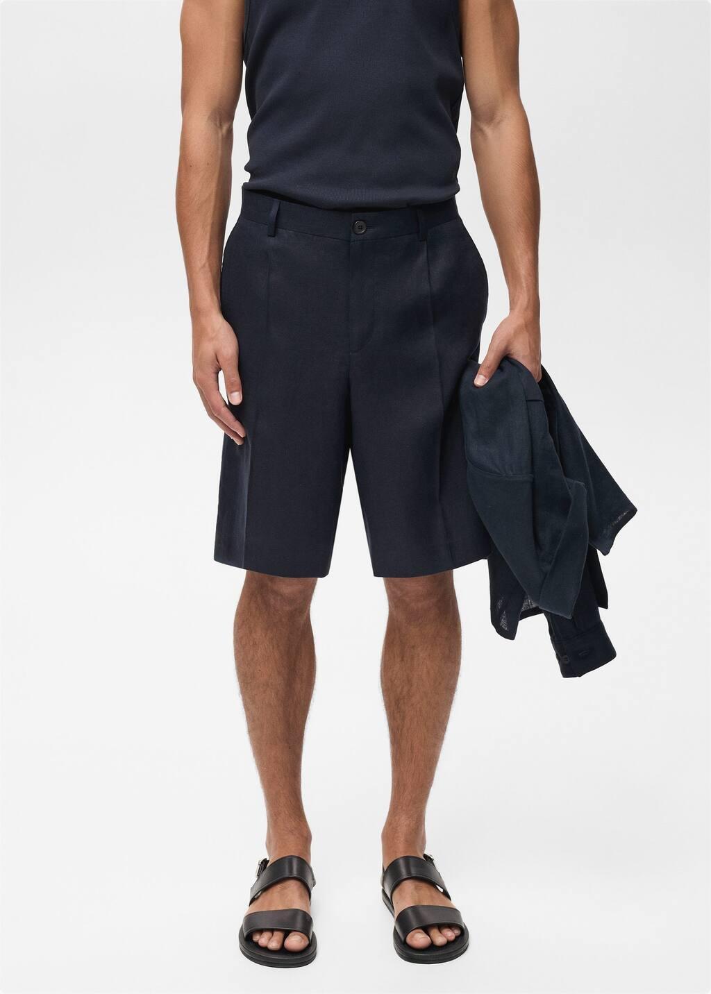 Navy Slim-Fit 100% Linen Bermuda Shorts, , large image number 0