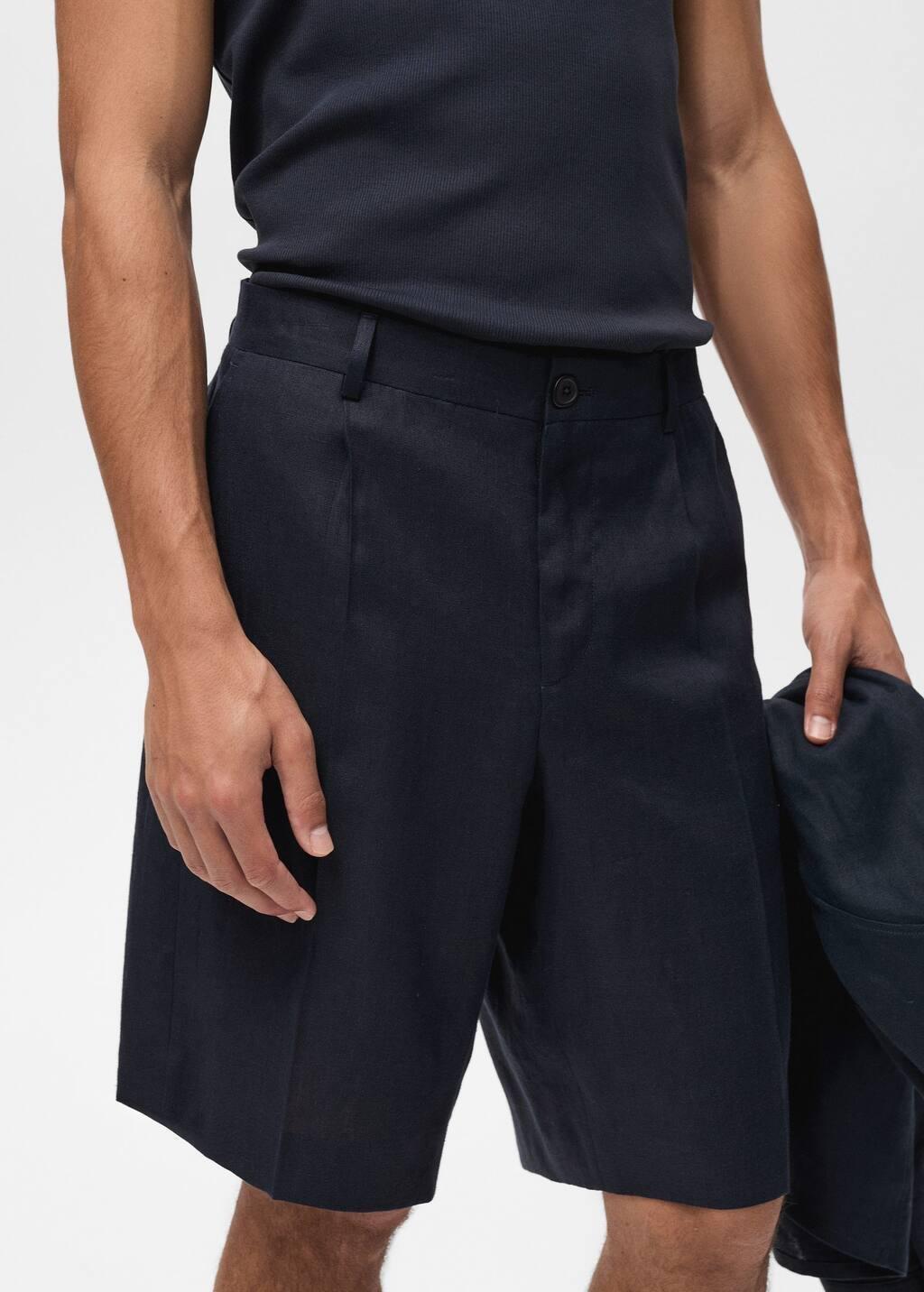Navy Slim-Fit 100% Linen Bermuda Shorts, , large image number 1