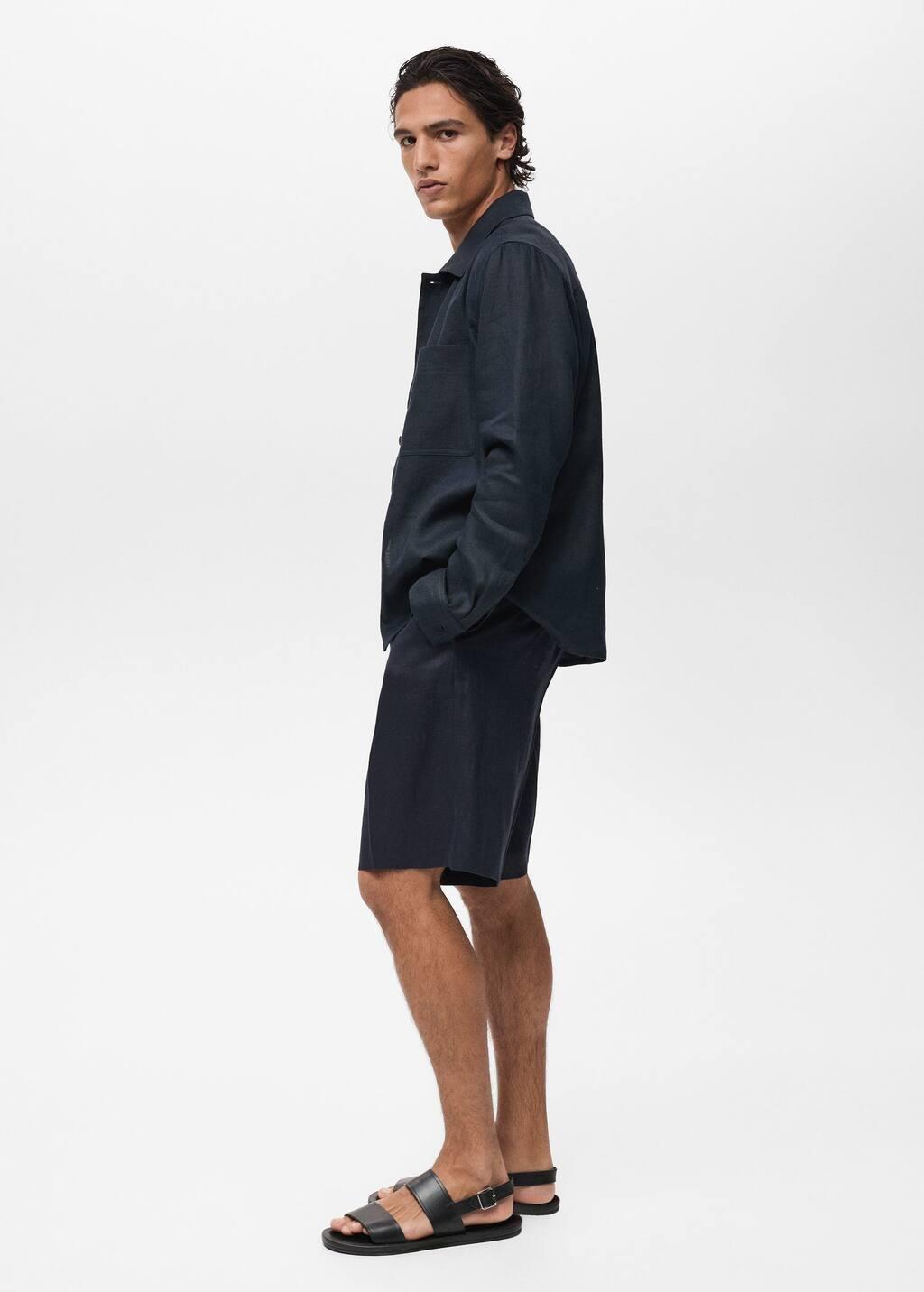 Navy Slim-Fit 100% Linen Bermuda Shorts, , large image number 2
