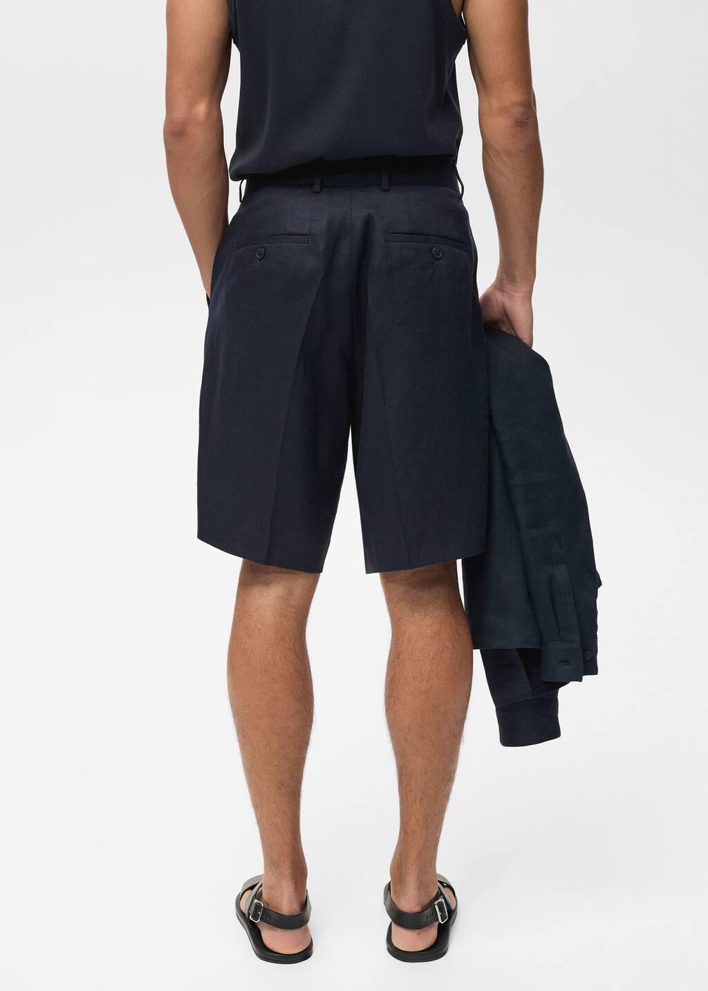 Navy Slim-Fit 100% Linen Bermuda Shorts, , large image number 6