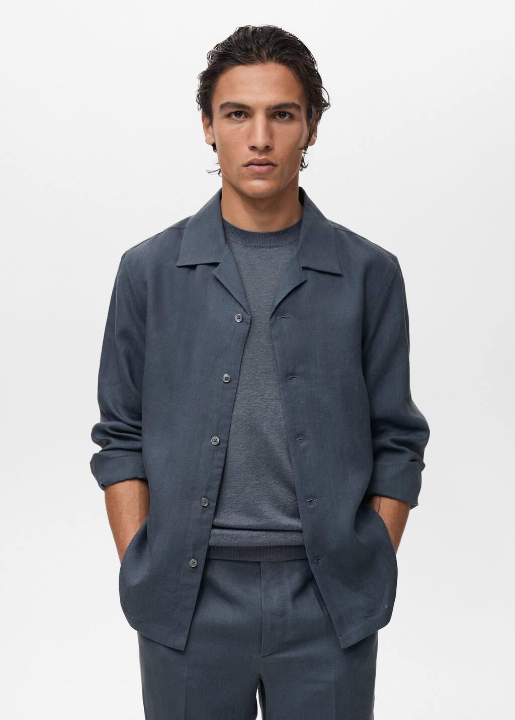 Blue 100% Linen Bowling-Collar Shirt, , large image number 0