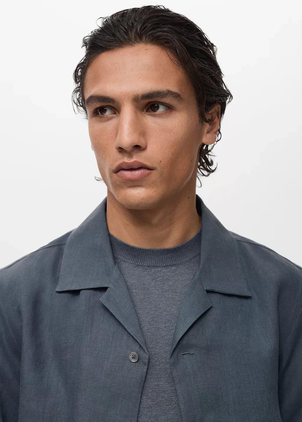 Blue 100% Linen Bowling-Collar Shirt, , large image number 1
