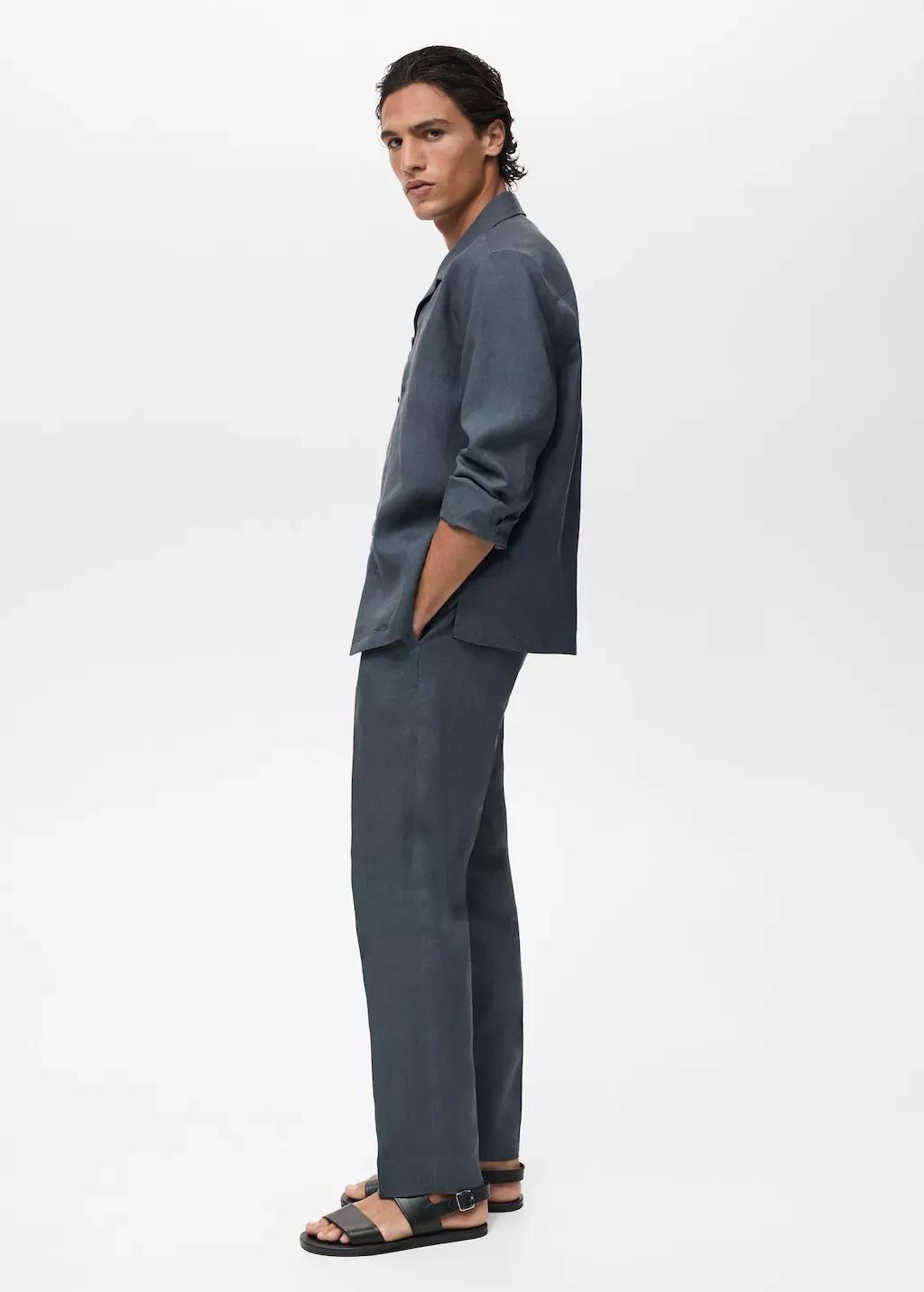 Blue 100% Linen Bowling-Collar Shirt, , large image number 2