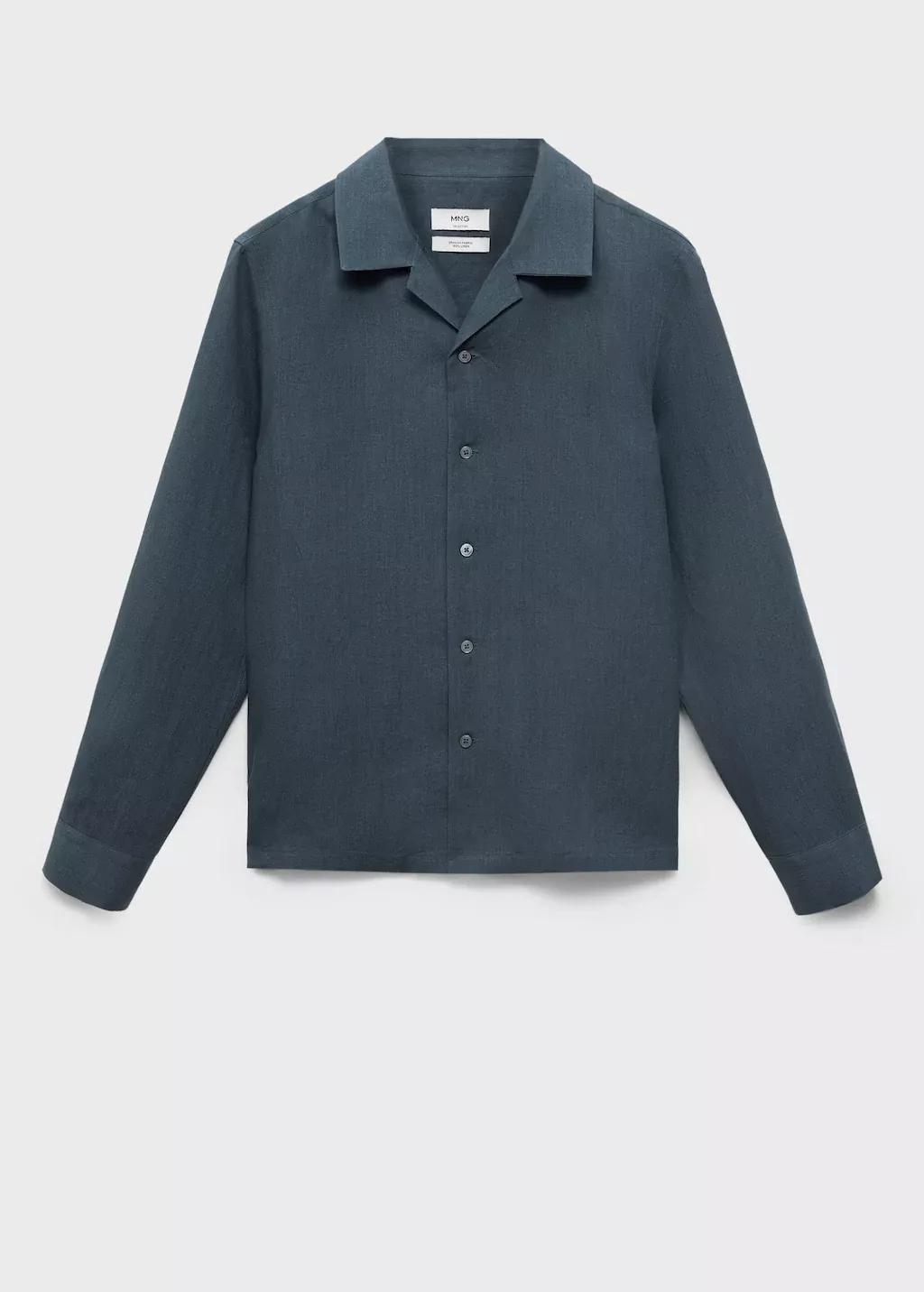 Blue 100% Linen Bowling-Collar Shirt, , large image number 3